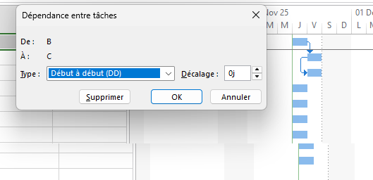 lien dd début à début ms project