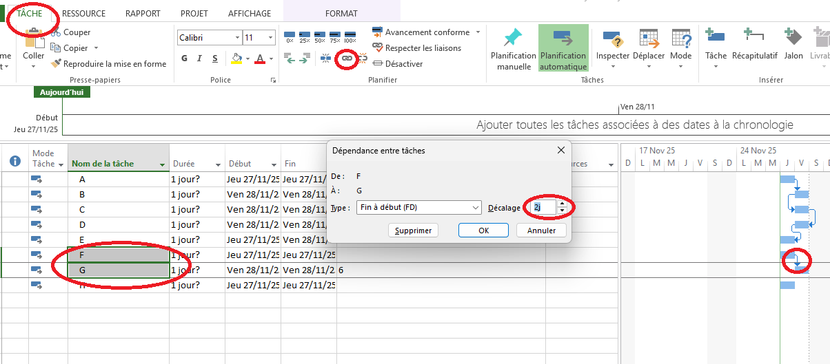 décalage des liens ms project