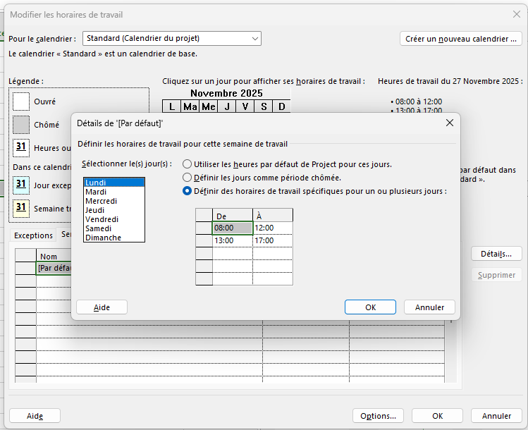 Jours de la semaine en ms project